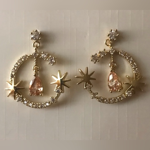 “Stardust Moon” Crystal Pave Crescent 8 Pt Star Morganite Peach Tear Gold Dangle - Picture 5 of 7